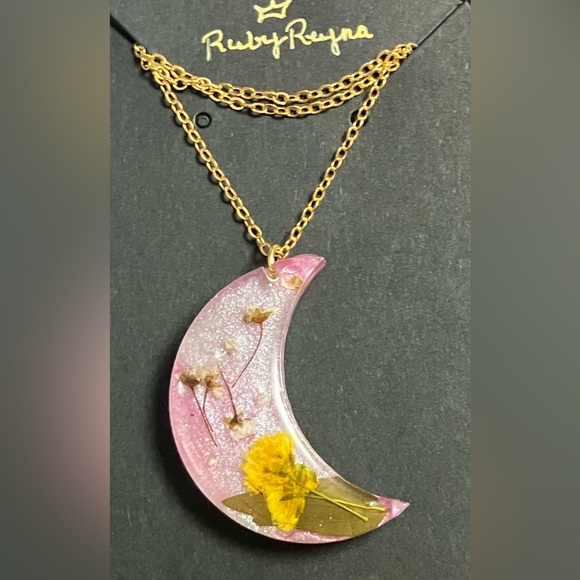 Jewelry - Pink Crescent Moon Necklace/ Resin/ Handmade/ Real Pressed Flowers